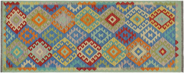 Flat Weave Kilim, Antique, Navaho, Vintage, Handmade, Geometric Kilim Blue Orange Hand-Woven Runner 100% Wool Area Rug 3 x 7